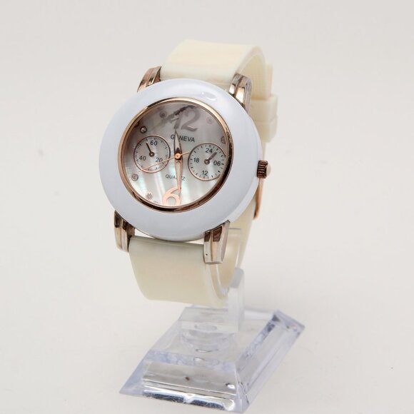 Geneva Quartz Mother of Pearl Face Watch Silicone Rhinestones Large Gold Cream - Picture 7 of 12